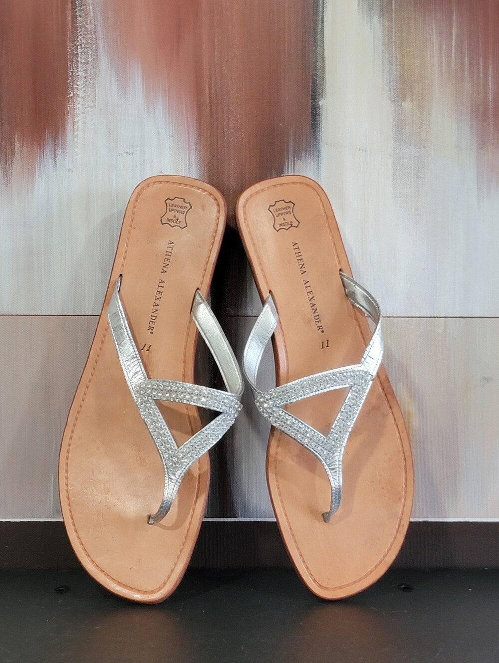 Athena Alexander Womens Silver Rhinestone Leather Thong Slip On Sandals US 11